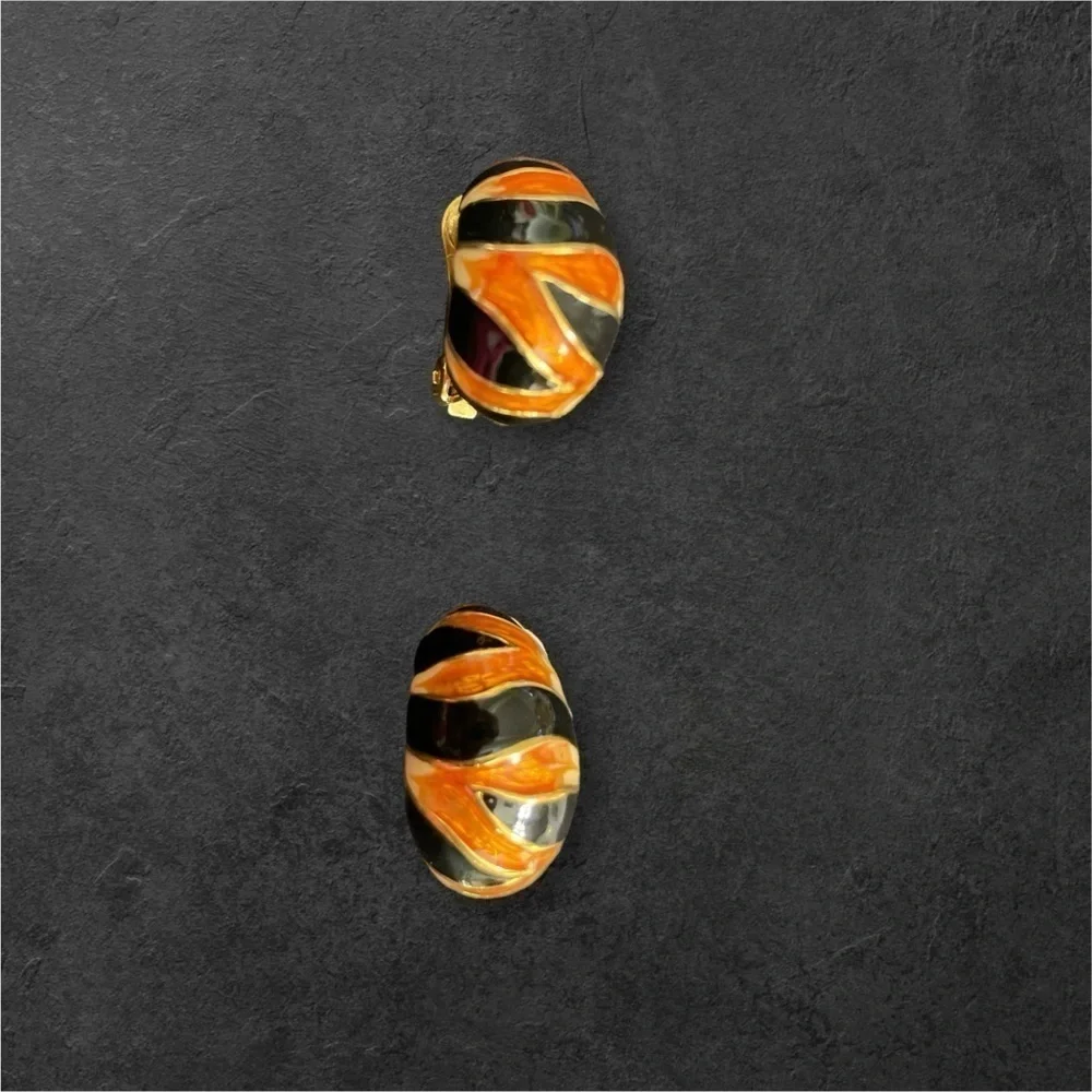 Kenneth Jay Lane Gold Tiger Stripe Half Hoop Enamel Clip Earrings